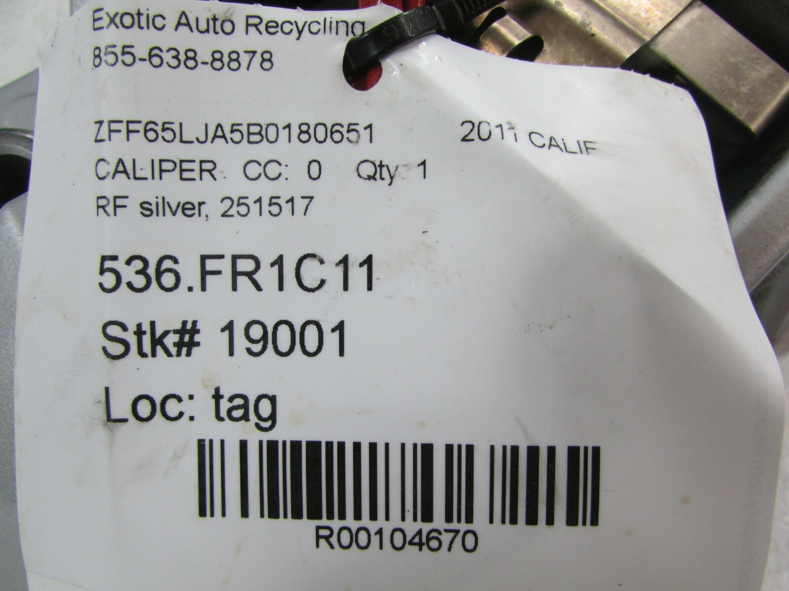 Ferrari California, RH, Right Front CCM Brake Caliper, Silver, Used, P/N 251517