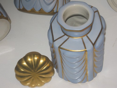 Vintage Art Deco Carlin Comforts Porzellan Waschtisch Kommode Set 3 Flaschen blau - Bild 19 von 24