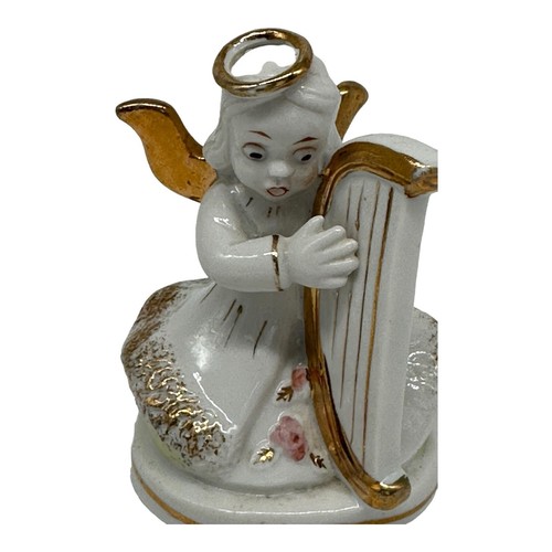 Vintage Enseco Angel Playing Harp Figurine 1960s MCM Made in Japan White Gold - Picture 4 of 9