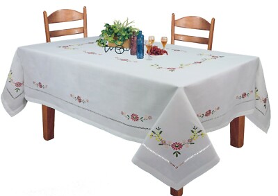 Creative Linens Hemstitch Embroidered Daisy Flower Tablecloth White Table Cover