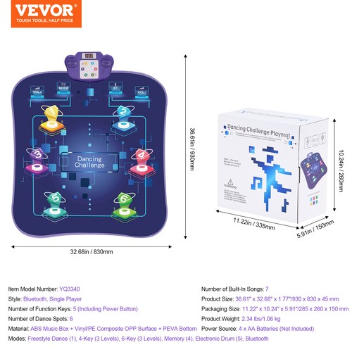 VEVOR Tapis de Danse Enfants de Jeu Bluetooth pour Filles Garçons 3 Ans et Plus - Photo 7/12