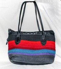 Vtg Colorful Loom Woven Wool Black Leather Handbag 12 x 8 x 5