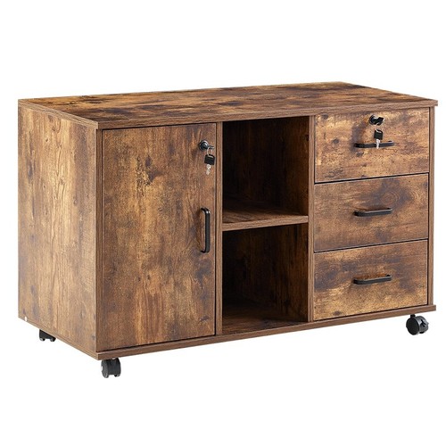 Brown Wood Filing Cabinet Office Cabinet Orgnizer File Storage Shelf with Lock - Picture 6 of 15