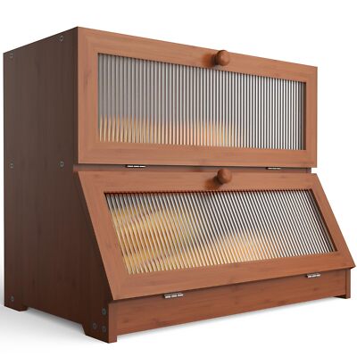 Double Layer Bamboo Bread Box Large Capacity Brown Farmhouse with Window