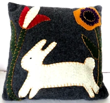 Folk Art Pillow Hand Stitched Wool Gray Felt Applique Bunny Rabbit Flowers 13"