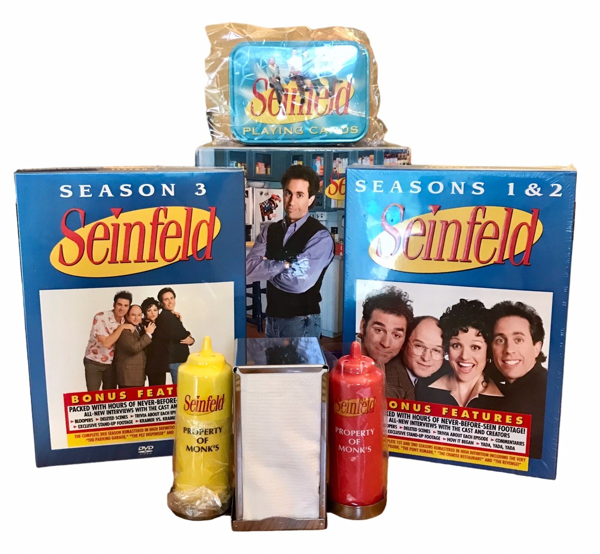 Seinfeld Collectors Gift Set Seasons 1-3 DVD's Monks Ceramic S&P