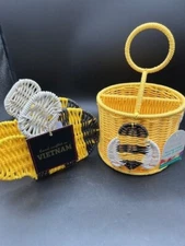 Honey Bumble Bee Resin Wicker Utensil & Napkin Holder 2pc Set Yellow - See Video