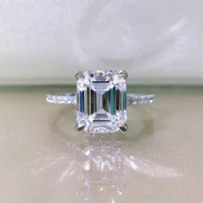 D/VVS1 Moissanite Hidden Halo Emerald Cut Engagement Ring 14K White Gold Plated