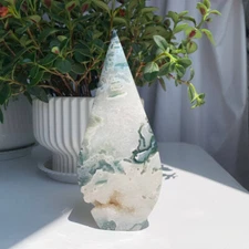 381g Druzy Moss Agate Freeform Point Geode Crystal Art Healing Stone Decor