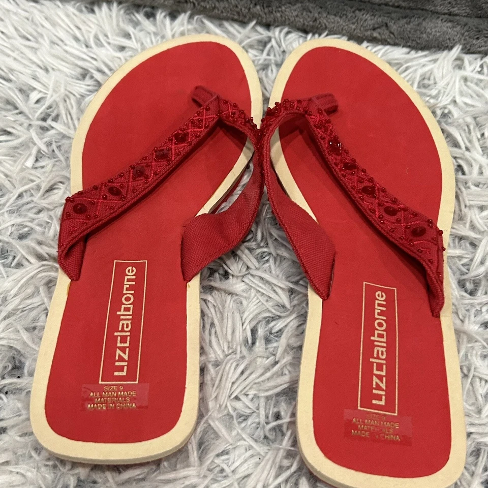 Zapatillas tanga Liz Claiblorne para mujer talla 9 rojas con cuentas ligeras Beach Resort Foto 2 de 4