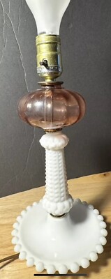 Milk Glass Hobnail & Cranberry Glass Parlor Table Lamp Nice