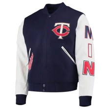 Minnesota Twins Logo Blue Wool and White Genuine Leather Sleeves Varsity Jacket