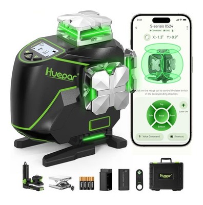 Huepar S-04CG Self-Leveling Green Cross-Line Laser Level, Bluetooth, LCD