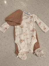 Carter's 3 Months 3pc Outfit Set Bodysuit Pants Hat Long Sleeve Cotton Brown