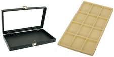 Glass Lid Jewelry Display Case 14 3/4" w/ Beige 12 Compartment Display Tray