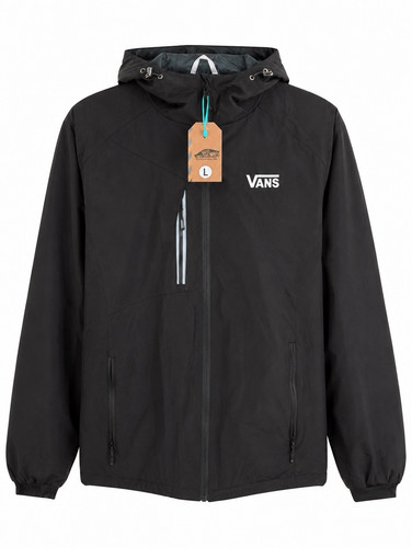 Vans Men's Black Hooded Full Zip Windbreaker Jacket Pockets Logo Size L