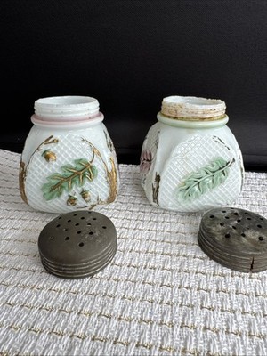 Antique Sugar Shaker Pair - Northwood Oak Leaf Acorn Pattern Milk Glass