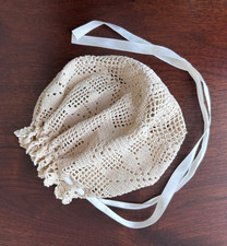 VINTAGE BEIGE HAND CROCHETED LACE COTTON BABY BONNET HAT OR DRAWSTRING POUCH BAG