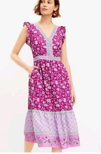 LOFT Border Ruffle Midi Pocket Dress V-Neck Pockets Pink Floral Women's Size 0P