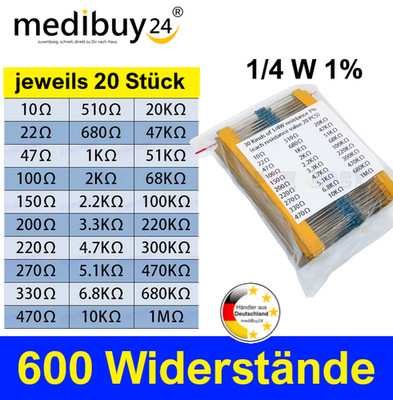 600 Stück 1/4W 1% Metallfilm Widerstand Kit 30 Werte je 20 Stück 10 Ω - 1 MΩ Set