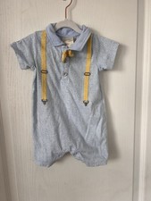 First Impressions Boys Blue Yellow Chevron Cotton Knit Romper Collared 6-9M