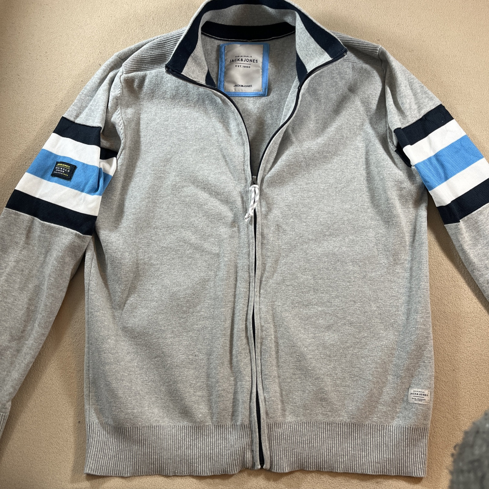 Jack & Jones Men’s Sweater XL Jacket High Neck Full Zip Gray Blue Preppy Golf
