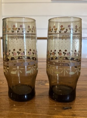 Strawflower Glass 16oz Tumblers Set 2 Floral Amber glass Libby 1970s drinkware