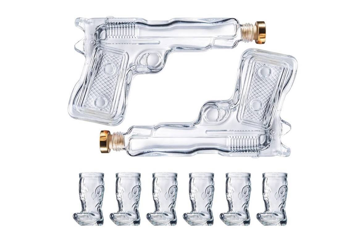 The Wine Savant Pistol Holster Decanter Set & 6 Cowboy Boot Shot Glasses Unique