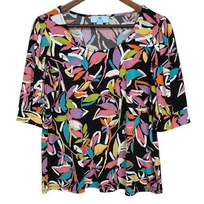 CeCe Womens Multi Color Abstract Floral Puff Elbow Sleeve Scoop Neck Top Large