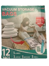 12 Vacuum Storage Bags with Free Hand Pump – Jumbo, Large, Medium, Small