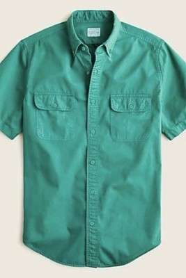 New J Crew Men s Pine Green Short Sleeve Garment Dyed Cotton Twill Shirt Shirt M