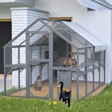 Extra Large 110" Outdoor Cat Enclosure with Roof, Ramp, Pod Bed 2 Huts