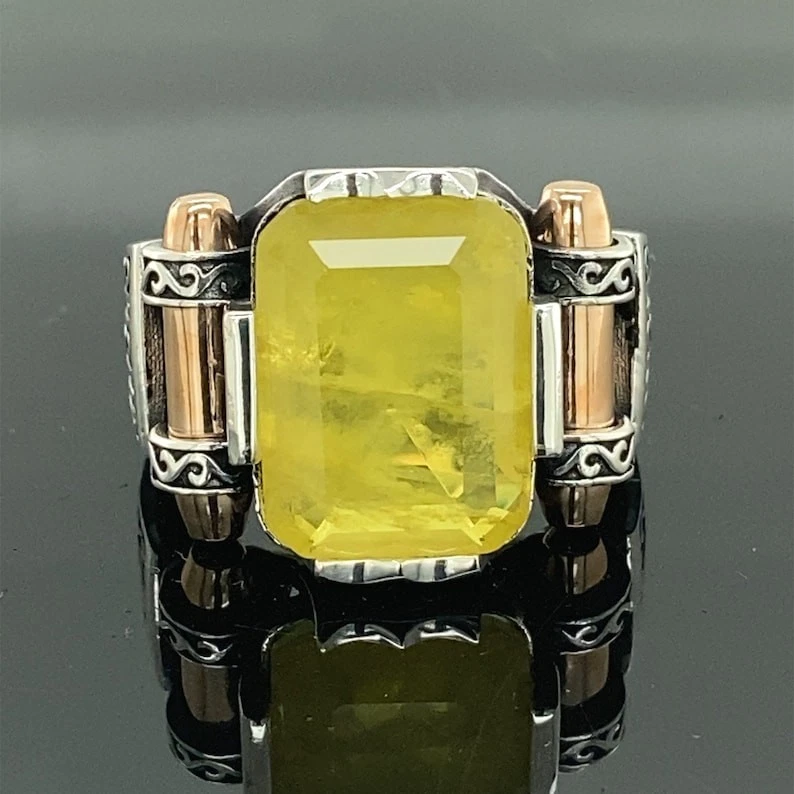 Anillo de citrino de piedra cruda amarilla de plata de ley 925 para hombre Foto 3 de 4