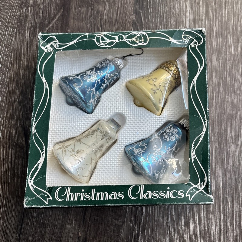Vtg 4 Christmas by Krebs Bells w/Glitter Ornaments orig. Box Christmas Classics 