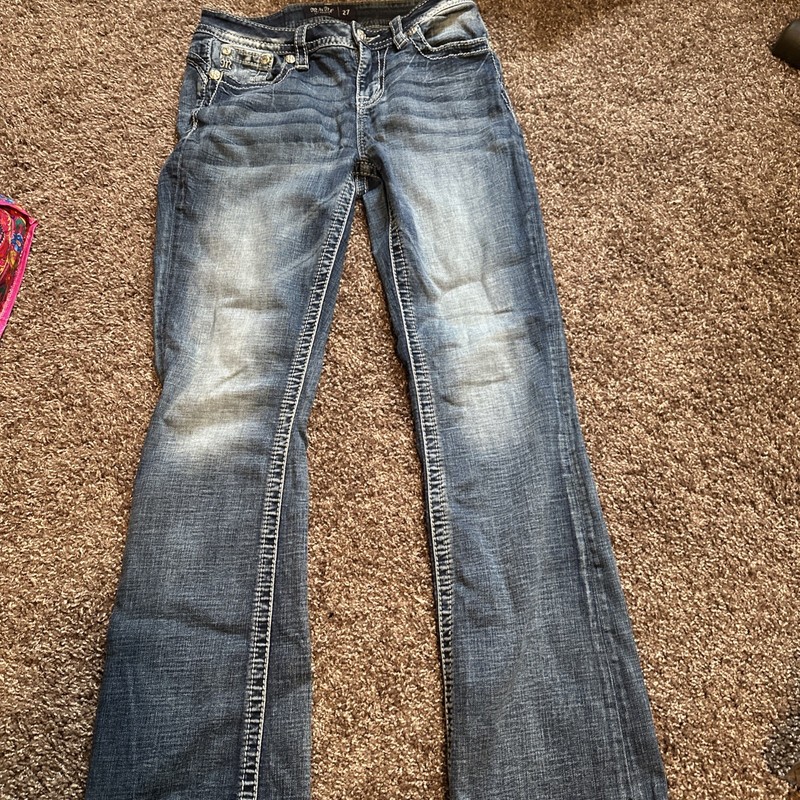 Miss Me Jeans Size 27 Mid-Rise Boot Cut 30” Length Embellished Angel Wings