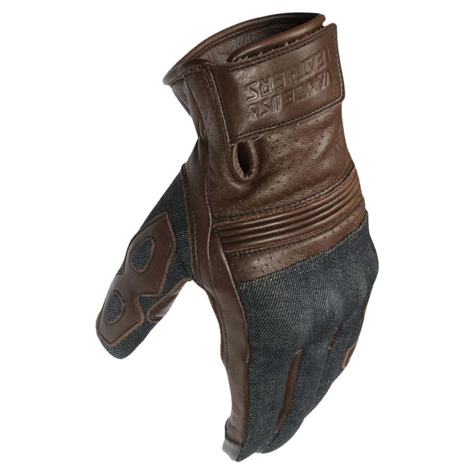 Denim & Leather Motorcycle Gloves (Brown) with Mobile Phone Touchscreen Foto 2 de 4