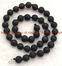 Natural 10mm Black Volcanic Lava Round Gemstone Beads Necklace 18-45" AAA+