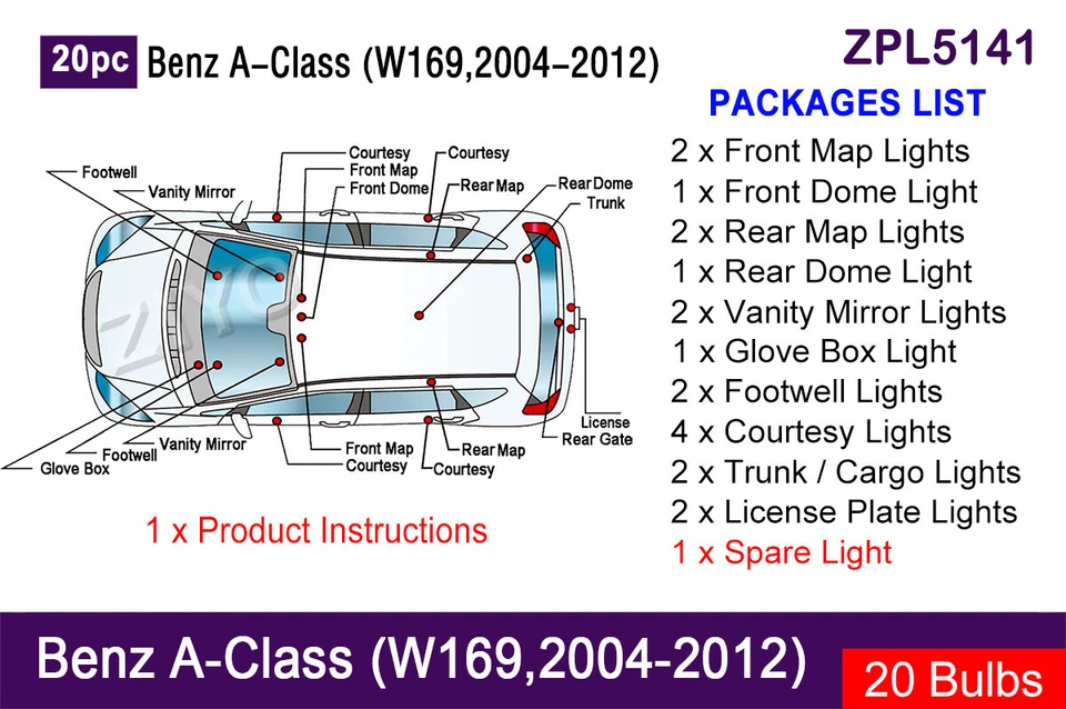Kit de luces interiores LED para Mercedes Benz Clase A W169 2004-2012 bombilla blanca Foto 2 de 4