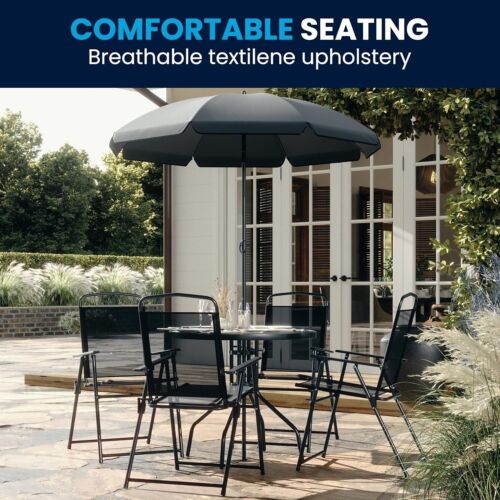 Patio Set with Umbrella Four Chairs Table Outdoor Dining Deck Porch Metal Glass - Picture 7 of 10