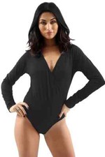 Women Long Sleeve V Neck Bodysuit Ladies Plain wrap over Leotard Fitted Top 8-22