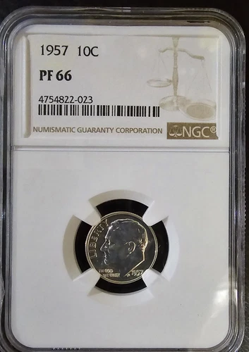 1957 Roosevelt Dime, Silver 10C NGC, PF 66 Extremely Nice Coin