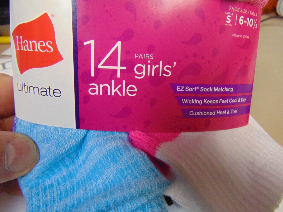 Hanes Ultimate Girls Sz S 6-10.5 Multicolored Cushion Ankle Socks