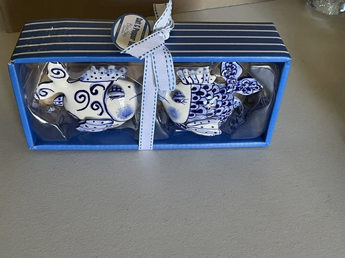 BLUE SKY CLAYWORKS CERAMIC FISH SALT & PEPPER SHAKERS IN BLUE AND WHITE 