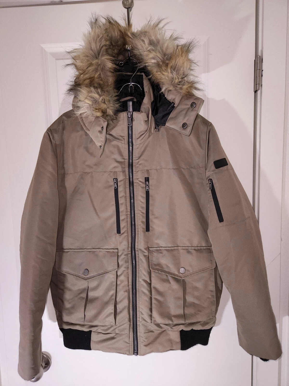 Sean John Men's Hooded Bomber Jacket Tan/Brown Sz M Detachable Faux Fur Hood