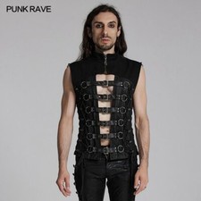 Punk Rave Men Black Gothic Punk Personality Front Buckle Hollow Vest Slim Tops