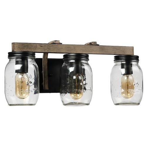 Farmhouse Mason Jar Faux Wood Finish Wall Sconce 3 Light Bathroom Vanity Light