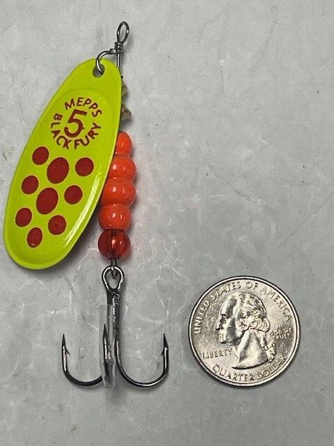 Mepps BlackFury #5 1/2 oz Plain Treble hook- Orange body with Chatreuse blade - Image 4 of 4