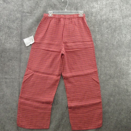 FLAX Designs Women Floods Pants S Pink Check Linen Elastic Waistband Pull On New - Picture 2 of 13