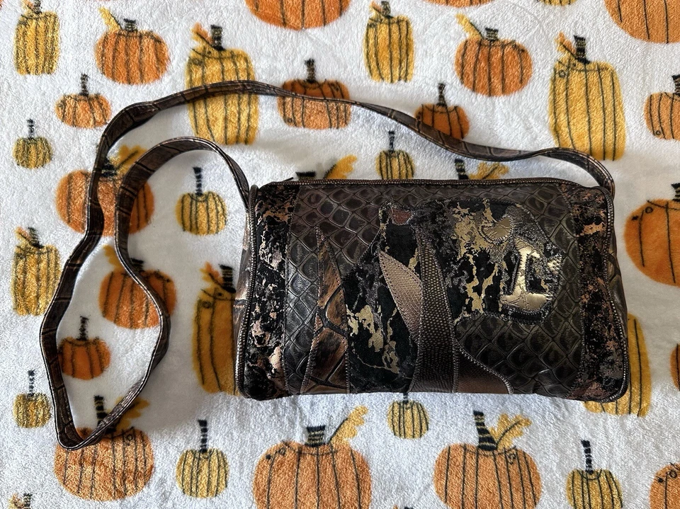 Vintage 80s 90s Pinky Bag Leather Jaguar Cheetah Faux Croc Purse Retro - Image 2 of 4