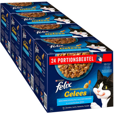 FELIX Katzenfutter 4er PACK (4 x 24) Nassfutter 4 Sorten Fisch in Gelee 96 x 85g